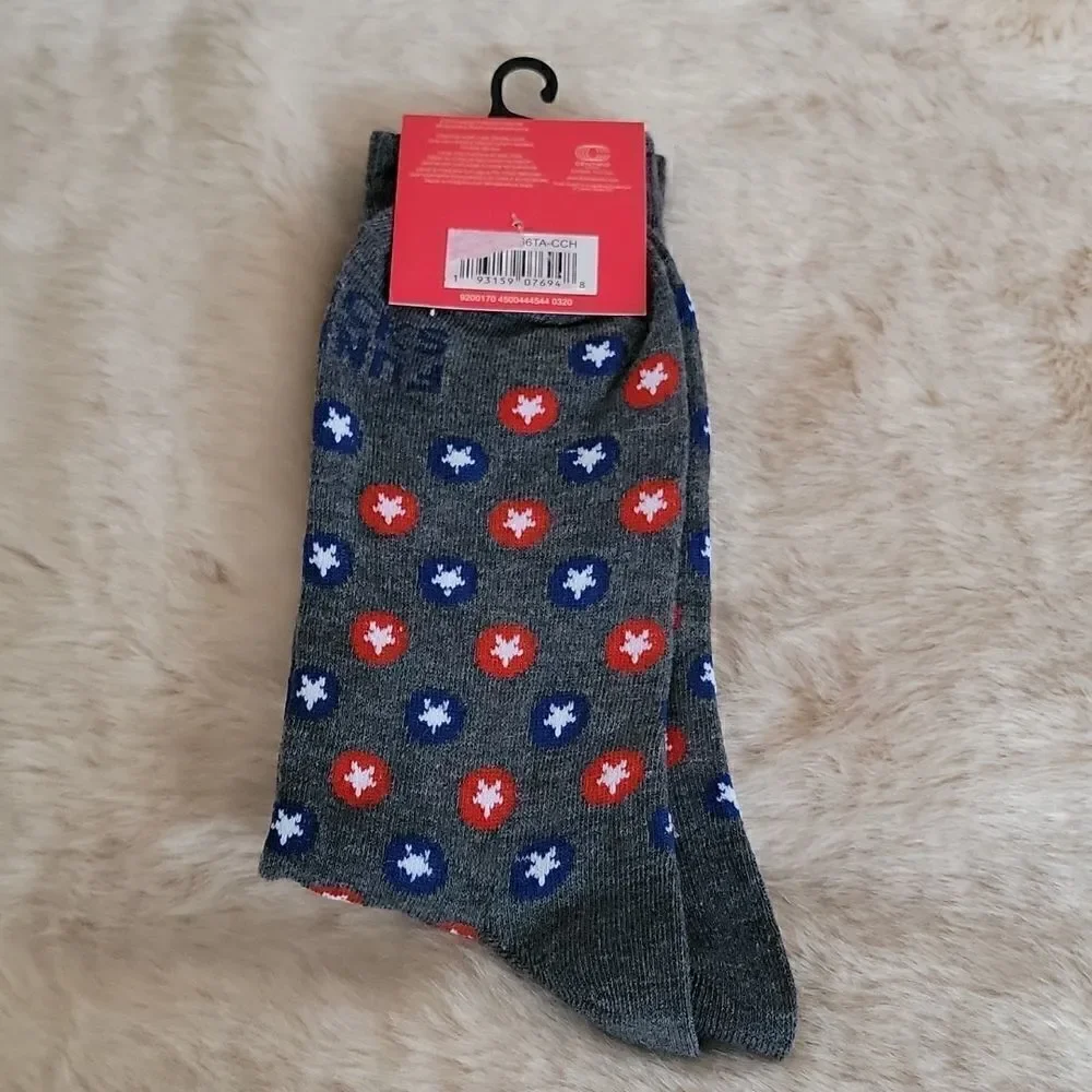 FUNKY SOCKS MEN'S GRAY WITH RED, WHITE AND BLUE STARS CREW SOCKS, NEW WITH TAGS!